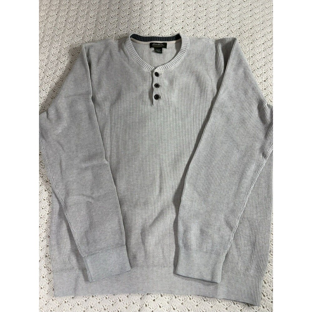 2 VTG Eddie Bauer Mens Knit Sweaters 2XL Tall Gray Pullover 100% Cotton Henley - Picture 2 of 13